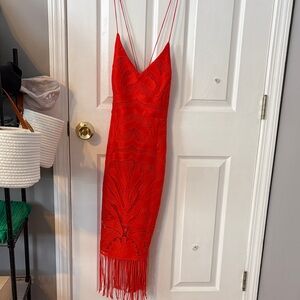 Chic Strapless Red Dress with Fringe